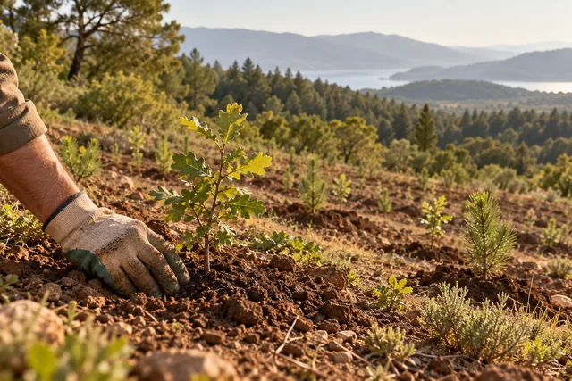 Ağaçlandırma sahasında yeni dikilmiş fidanlar