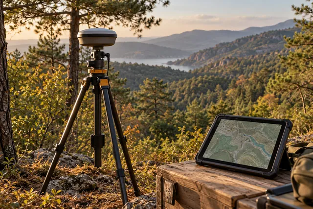 Orman arazisinde haritalama için ölçüm ekipmanı ve tablet